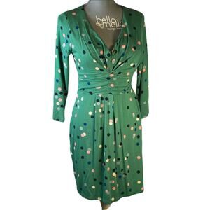Boden Size 6 US Green Pink Polka Dot 3/4 Sleeve Retro Stretch Dress Party Office